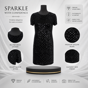 Women's Black <b>Sequin</b> Mini Dress | Short Sleeve Round Neck Sparkly Cocktail Dress | Elegant Embellished Party Evening Club - Product Image 5