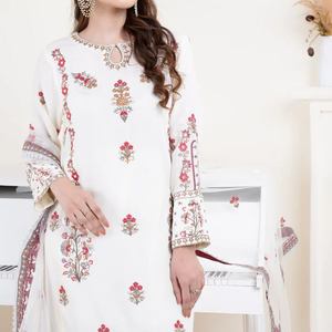 Shalwar Kameez pour femmes, en soie et mousseline, avec broderie florale épaisse, respirant, style pakistanais décontracté, en tissu lawn, avec foulard standard - Product Image 4