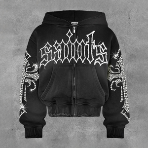 Hoodie court zippé personnalisé style streetwear hiver, coupe ample, délavé soleil, strass, délavé à l'acide, style gothique, high street, hip hop, français - Product Image 4