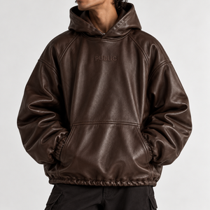 OEM/ODM Bulk Custom Dark Brown <b>Faux</b> <b>Leather</b> Hoodie Premium PU Raglan Sleeve Embroidery Pullover Oversized Hoodie for Men XL Size - Product Image 1