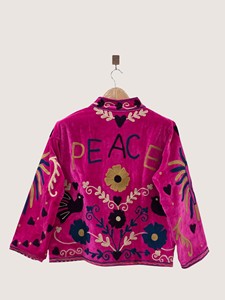 Pink Velvet Embroidered Blouson Jacket With Mandarin Collar Full Sleeve Hand Embroidery Floral Pattern Adult Winter Wear - Product Image 3