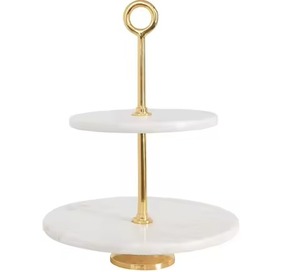 Support à gâteau moderne en marbre blanc à 2 niveaux avec anneau en laiton, présentoir à dessert rond sur piédestal, vaisselle de fête - Product Image 1