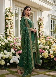 Ensemble Kurta traditionnel indien pakistanais vert pour femmes avec dupatta, tenue ethnique en soie longue, coupe régulière, toutes saisons - Product Image 4