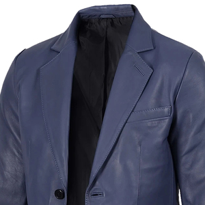 <b>Men's</b> Blue <b>Leather</b> <b>Blazer</b> Jacket Slim Fit Turn-down Collar Single Breasted Formal Style Regular Sleeve - Product Image 3
