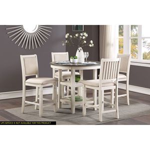 Set da Pranzo 5 Pezzi in Finitura Bianco Antico e Marrone, Tavolo Alto con Ripiani Integrati e 4 Sedie per Sala da Pranzo - Product Image 1