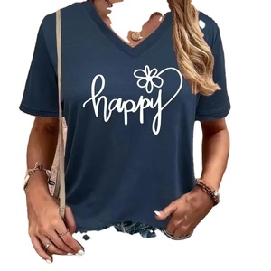 Camiseta con estampado de letras divertidas para mujer, camiseta de manga corta con cuello en V, ropa informal para mujer, moda de verano, patrón de flores para niña - Product Image 1