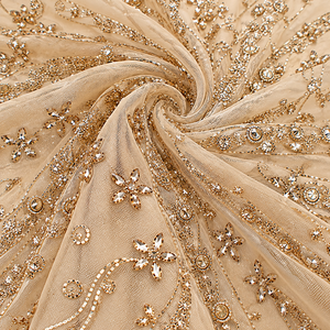 Tela nupcial de lujo de encaje de red con cuentas doradas a mano, cristal champán, tejido transparente, bordado floral con cuentas de piedra, de alto gramaje - Product Image 1