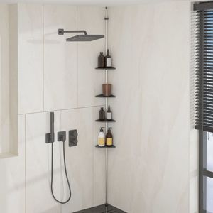 Scaffale da doccia ad angolo telescopico in alluminio argento a 4 livelli soluzione per la conservazione del bagno - Product Image 1