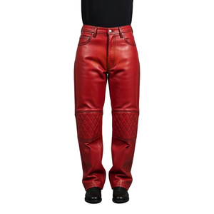 <b>Men's</b> Red Genuine Sheep <b>Leather</b> Plus Size Moto Biker <b>Pants</b> Mid Waist Zipper Fly Quilted Knee Panels Straight Fit Winter Style - Product Image 1