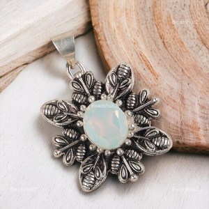 NIKHIL GEMS Elegant <b>Opal</b> Flower <b>Pendant</b> 925 Sterling Silver Rhodium Plated Vintage Style Women's Jewelry Everyday Wear Solitaire - Product Image 5