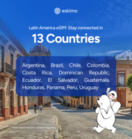 Eskimo Travel R-LA-01, premier eSIM de voyage au monde, 1 Go de données pour l'Amérique latine - 7 pays, validité de 2 ans, sans expiration des données, sans support physique