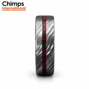 Chimps International Traditional Damascus <b>Steel</b> Wedding Band with Red Pakka Wood Inlay Unisex Ring | Damascus <b>Steel</b> <b>Jewelry</b> - Product Image 4