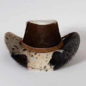Sombrero de Vaquero Unisex de Piel de Vacuno con Borde Ancho Marrón y Blanco con Manchas, con Banda de Cuero, Casual, Personalizado, Venta al por Mayor 2026, OEM - Product Image 1