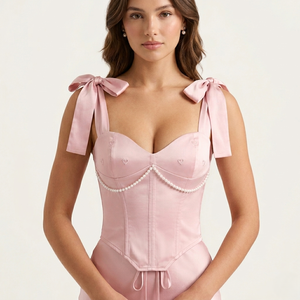 Top Corset de Satén Rosa de Lujo con Detalle de Perlas y Tirantes de Lazo, Corsé Ajustado para Mujer, Ideal para Fiestas - Product Image 1