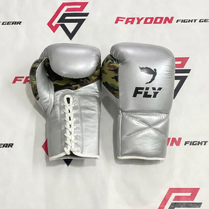 Gants de boxe haut de gamme personnalisés OEM en cuir de vachette véritable, motif camouflage argenté, à lacets, pour sparring, équipement de kickboxing et de Muay Thai - Product Image 1