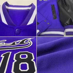 เสื้อแจ็คเก็ตวาร์ซิตี้สีม่วงดำขาวแบบสองสี  ติดกระดุมเต็มตัว  แบบ Letterman Bomber Jacket ขายส่งสำหรับทีม  เสื้อแจ็คเก็ตสำหรับวิทยาลัย - Product Image 5