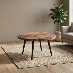 Round Wood <b>Coffee</b> <b>Table</b> with Black Metal <b>Legs</b> Midcentury Modern Handmade Living Room Furniture - Product Image 3