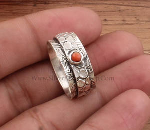 Anillo Giratorio de Plata de Ley 925 con Coral Rojo Natural para la Ansiedad, Anillo Boho Fidget para Mujer, Joyería Étnica de Meditación - Product Image 1