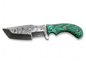 Cuchillo Tanto de Hoja Fija de Acero de Damasco Hecho a Mano para Camping y Uso en Exteriores con Mango de Resina Verde con Remolinos y Perno de Mosaico para Utilidad en Campo - Product Image 4