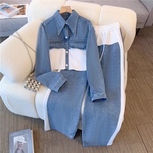 Women Denim Patchwork Tracksuit Set Casual Full Sleeve Turn-<b>down</b> Collar Long <b>Pants</b> Color Blocking Loose Fit Spring Style - Product Image 3