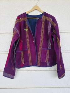 kantha <b>Jacket</b> Women's Striped Cotton Drop Shoulder Long Sleeve Autumn Outerwear Contrast Trim Regular Length - Product Image 4