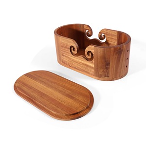 Wooden Yarn <b>Bowl</b> Oval Simple Design Hand <b>Knitting</b> Crochet Holder with Cutout Feature - Product Image 2