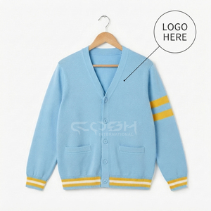 Cardigan en tricot bleu clair à col en V avec rayures jaunes à manches longues pour femme, style décontracté, de la sororité Cosh International Sisterhood - Product Image 1