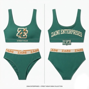 Women Swim Suit Premium Nylon Spandex 220 GSM <b>Green</b> Two Piece <b>Bikini</b> <b>Set</b> With Embroidered Applique Logos And Custom Waistband - Product Image 1