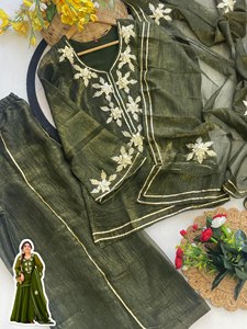 Ensemble chic et élégant en chiffon croquant de qualité supérieure, comprenant un kurti à col en V brodé, un pantalon brodé assorti et un dupatta, idéal pour les festivals et les occasions ethniques. - Product Image 2