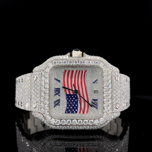 Luxury Silver Iced Out Watch VVS Moissanite Diamond American Flag Dial Fully Paved Square <b>Case</b> Steel Bracelet Men Custom Watch - Product Image 1