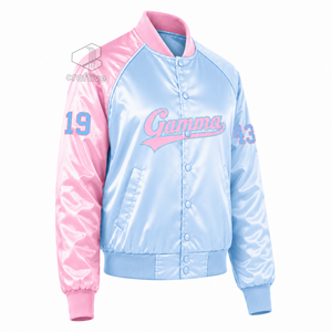 Chaqueta Universitaria Gamma Phi Delta para Mujer, Color Rosa y Azul Claro, Satén en Contraste, Cierre de Botones a Presión, Cuello y Puños de Punto Acanalado - Product Image 2