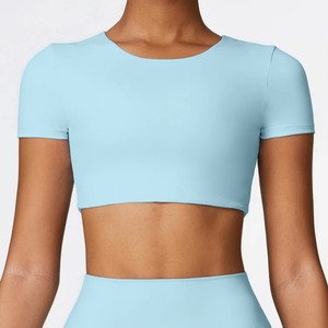 Summer Women’s Seamless Crop Top – Breathable Lightweight Crew Neck <b>Padded</b> Gym Fitness Shirt with Custom Logo - Product Image 1