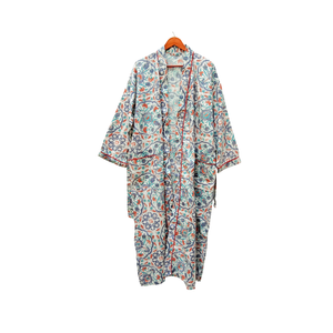 Kimono de algodón floral azul estilo bohemio, manga larga, cuello en V, estampado a bloques, bata de descanso con cinturón, ropa de resort, pareo de playa - Product Image 1