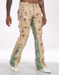 Pantalon cargo imprimé streetwear pour homme, motif lettres, denim évasé, coupe droite, poids moyen, style été - Product Image 4