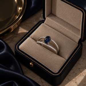 Bague ovale en argent sterling 925 avec saphir bleu et pavé de pierres blanches, bague statement, fabrication de bijoux sur mesure en gros - Product Image 1