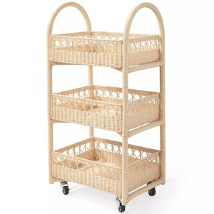 Compact Rolling Water Hyacinth Storage Cart 3 Tier Wicker Organizer With <b>Wheels</b> For <b>Small</b> Spaces, Kitchen And Bathroom Use - Product Image 3
