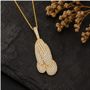 Luxury Iced Jesus Praying Hands Necklace 925 Silver Yellow <b>Gold</b> Plated Brilliant Cut Lab Grown Diamond <b>Pendant</b> Religious Unisex - Product Image 3