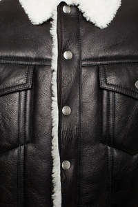 Custom Wholesale Men Black Genuine Sheepskin Leather <b>Jacket</b> White Faux Fur <b>Shearling</b> Collar Winter Warm <b>Bomber</b> Trucker Coat - Product Image 3