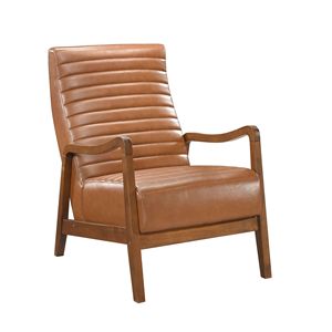 Sedia con accenti in finta pelle marrone in legno massello di gomma, 1 pezzo, con finitura noce, mobili moderni per soggiorno - Product Image 2