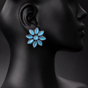 Vintage Jade Flower <b>Stud</b> <b>Earrings</b> Women | <b>Silver</b> Plated Brass Floral Statement <b>Earrings</b> | Marquise Petal Boho Jewelry Direct - Product Image 1