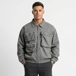 Men's Gray <b>Canvas</b> Shirt <b>Jacket</b> With Multiple Pockets Turn-Down Collar Regular Fit Workwear Style Autumn Wear - Product Image 1