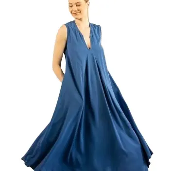 Cheap Linen Sleeveless V-Neck Long Loose Fitted blue Pocket Long dress Color For Women