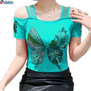 Camisetas de Verano con Logotipo Personalizado, Adorno de Mariposa con Pedrería, Transpirables, de Manga Corta, Cuello Cuadrado, para Niñas - Product Image 2