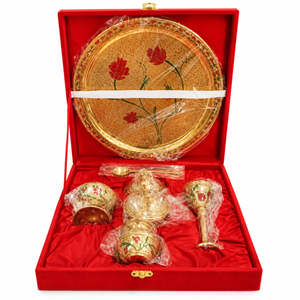 Ensemble de thali de prière vintage en laiton artisanal avec finition or et argent, plateau Aarti haut de gamme 7 pièces pour temple domestique, cadeaux de Diwali - Product Image 6