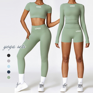 Gym Fitness New <b>Brushed</b> Yoga Sets for Women 2 Piece Long Sleeve Crop Top Active Wear Outfits Women's 4 Piece Workout Outfits - Product Image 2
