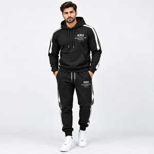 KRU Men's Hooded Tracksuit Set <b>Black</b> Gray Stripe Full Sleeve Casual Sweatshirt <b>Pants</b> With Side Pockets Breathable Polyester - Product Image 2