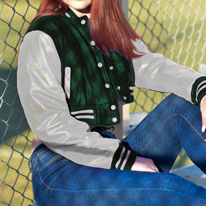Veste courte universitaire pour femme, vert foncé et gris, style Letterman, manteau bomber, manches en similicuir, vêtement d'extérieur décontracté, mode féminine - Product Image 1