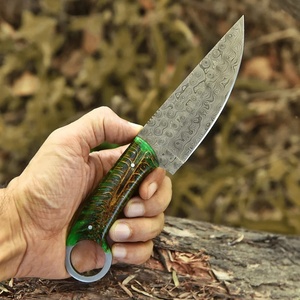 Cuchillo de Caza de Hoja Fija de Acero de Damasco Hecho a Mano, Mango de Resina Epoxi, Funda de Cuero, Cuchillo Utilitario Personalizado para Exteriores, Venta al por Mayor OEM - Product Image 5