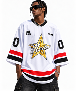 Maillot de hockey surdimensionné pour homme, col en V en maille, style streetwear, logo personnalisé, numéro, manches courtes, OEM ODM - Product Image 1