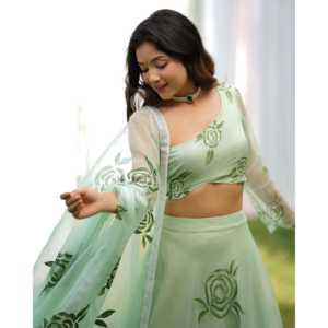 Conjunto de Lehenga de Chifón y Organza Pintado a Mano por Raina, Elegante y Ecológico, Talla XS, Primavera/Verano - Product Image 6